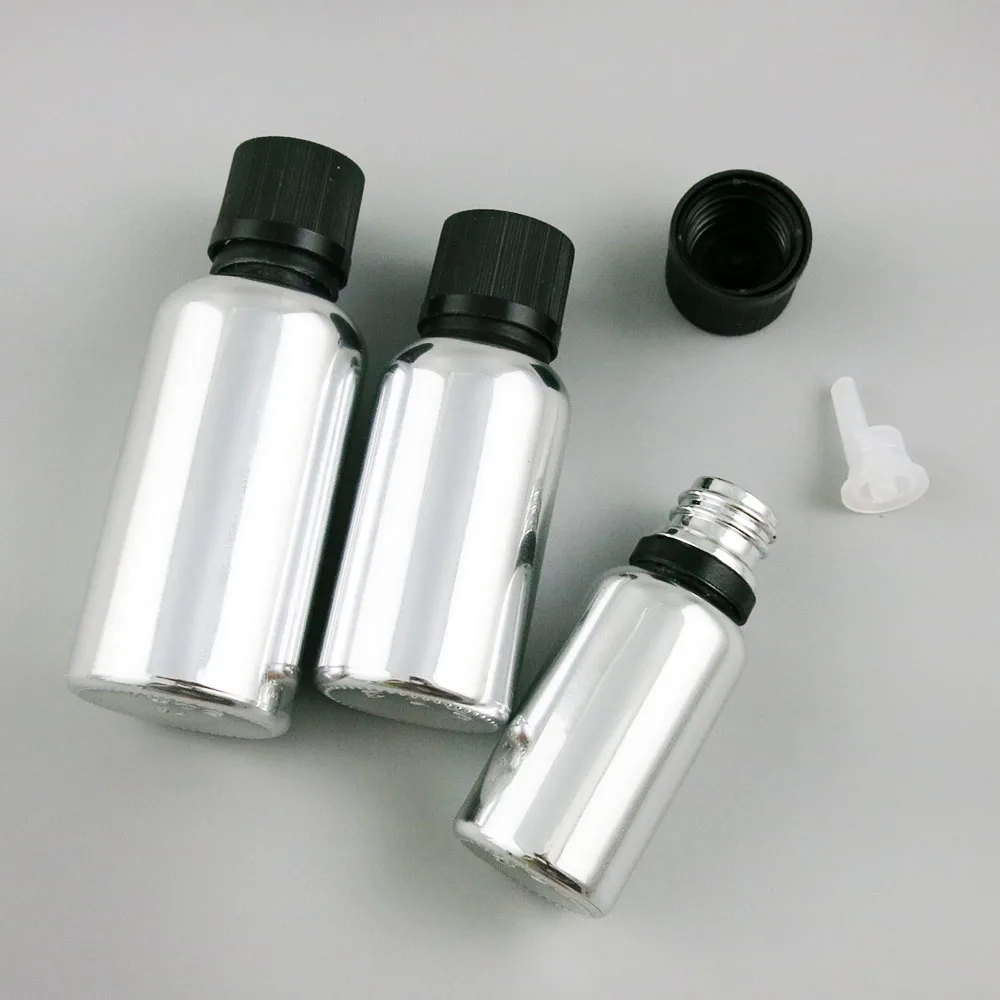 

12 x Empty 5ml 10ml 20ml 30ml 50ml 100ml Refillable Silver Glass Bottle With Childproof Lids 1OZ 5/3oz Glass Cosmetic Container