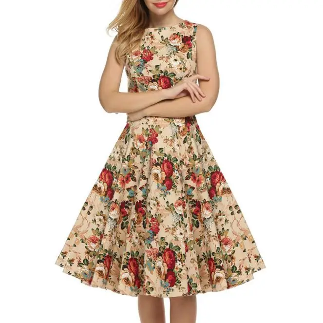 

2019 New Women Summer Dress Women's Printed Dress Sleeveless Big Bottom Swing Dress Cotton ceremonial robe or dress L402A