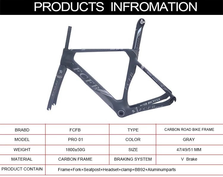 Excellent FCFB carbon road bike Pro01 47/49/51cm new carbon road frame  3K matt BB92  bicicleta road  bike frame with handlebar stem 1