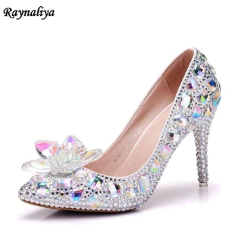 

Sexy Shining Woman Pumps Thin High Pointed Toe Party Shoes Wedding Bride Pumps Large Size White Rhinestone Shoes XY-A0064