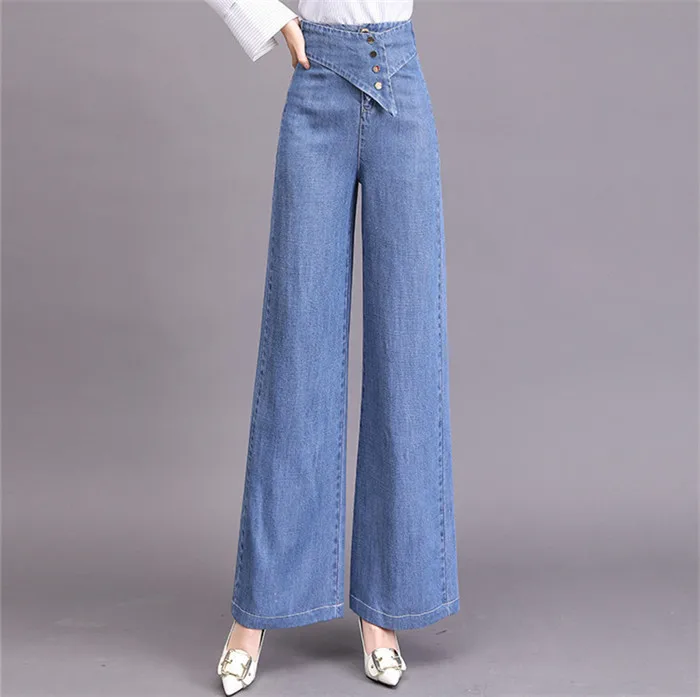 Для женщин джинсовые штаны Ретро печати Свободные Высокая талия широкие штаны Для женщин s джинсы клеш