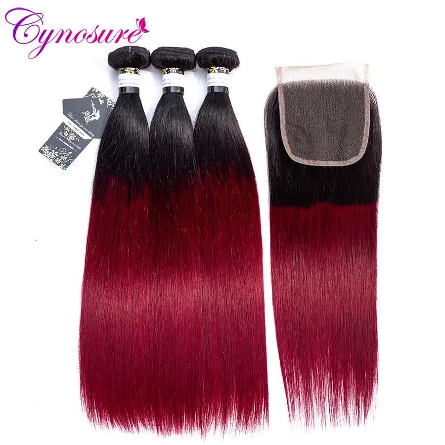 Cynosure 1b/99j Ombre Human Hair Bundles with Closure Non Remy Brazilian Straight Hair Weave 3 Bundles with Closure