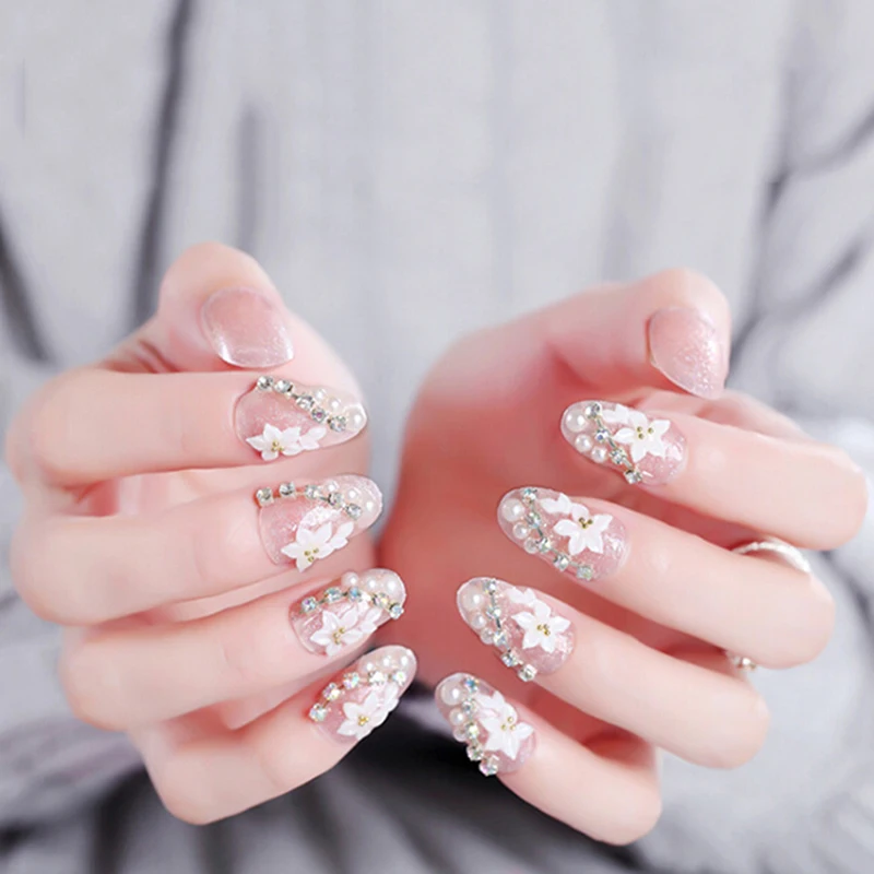 24pcs Gradient Pink Nails Flower Full Frame False Nail Tips Full Cover Fake Nails With Flowers Rhinestone Fake Nail Art Tool