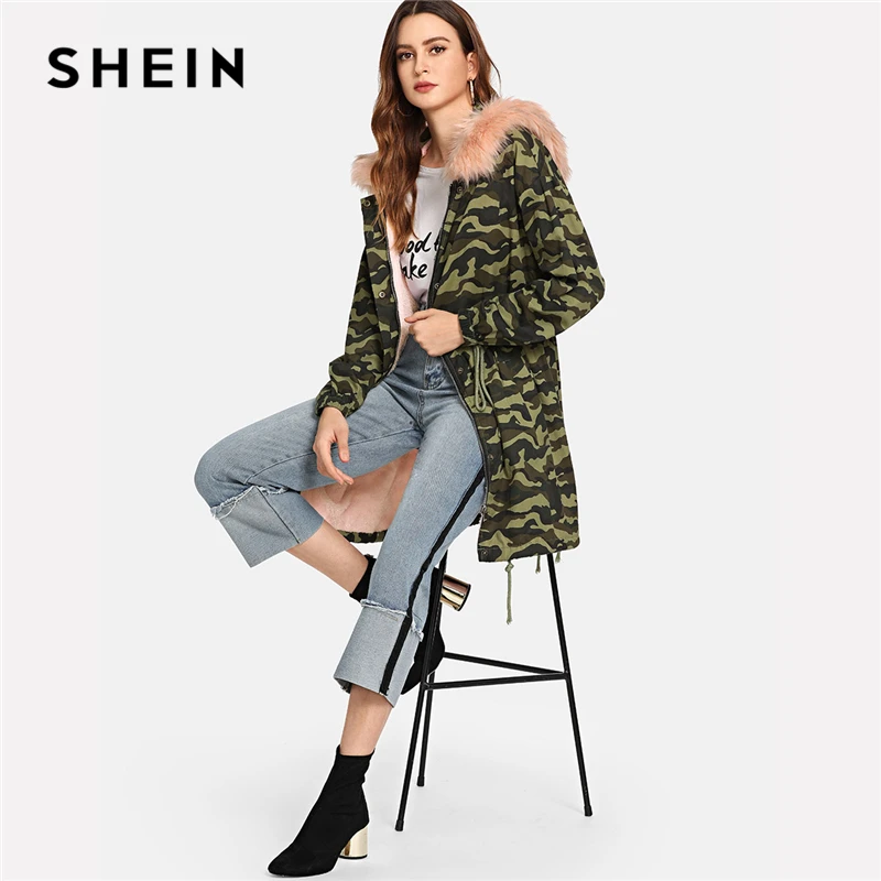SHEIN Hooded Long Faux Fur Como Print Jacket Women Coat Casual