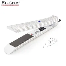 צלחת גביש אוסטרי תצוגה דיגיטלית LCD סופר בלינג יהלומי Rhinestones ברזל שטוח מחליק שיער צלחת טיטניום סטיילינג