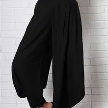 Женские однотонные льняные широкие брюки шаровары повседневные штаны с эластичной резинкой на талии 3 цвета