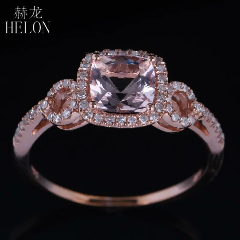 

HELON PAVE NATURAL DIAMOND HALO 6MM CUSHION 0.9ct MORGANITE WOMEN'S JEWELRY FINE RING SOLID 10K ROSE GOLD ENGAGEMENT FINE RING