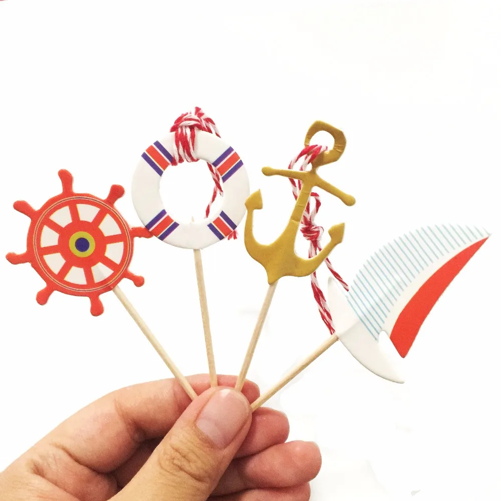 

24pcs Mediterranean Sailor Ship Anchor Cake Topper Summer Beach Ocean Style cupcake picks flags for Kids Children Birthday Party