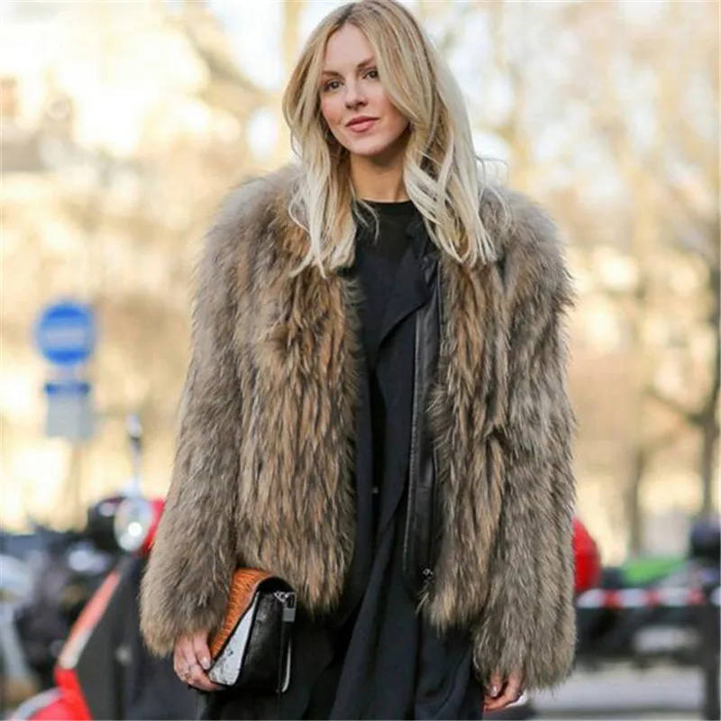 New Winter Short Fluffy Faux Fur Coat Women Jackets Raccoon Fur