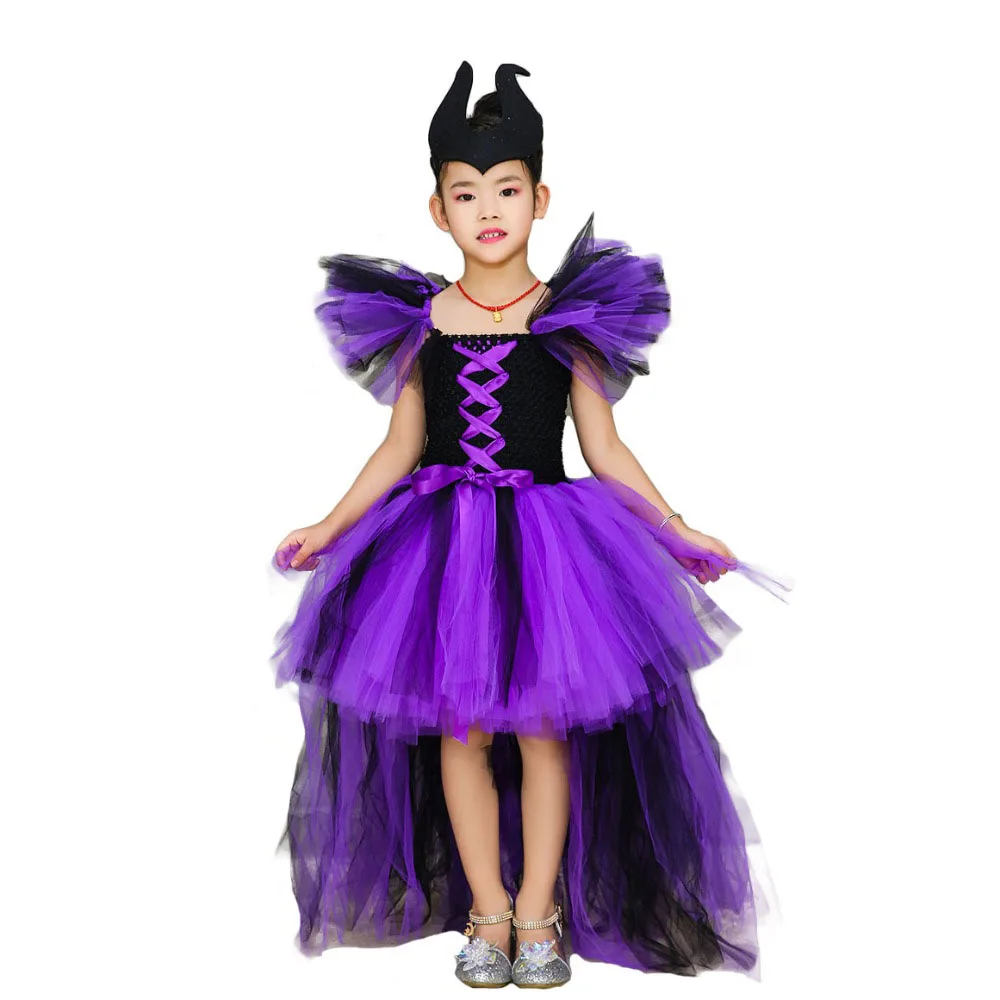 

Black Purple Queen Witch Dress for Kid Halloween Puff Sleeve Maleficent Evil Queen Girl Tutu Dress 1-14Y Girls Clothes with Horn