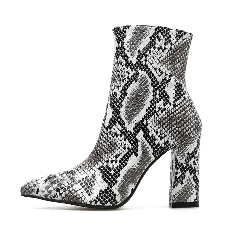 

2019 Women 10cm High Heels Fetish Leather Stripper Serpentine Boots Block Heels Ankle Snake Print Boots Chunky Leopard Shoes