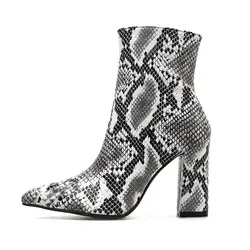 2019 для женщин 10 см высокие каблуки Фетиш кожа для стриптиза серпантинные сапоги блочный каблук ботильоны змея ботинки с принтом Коренастый