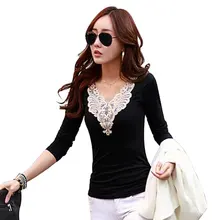 new 2017 winter autumn woman lady casual cotton lace shirt tee top long sleeve V-Neck Blouse basic patchwork blusas M~XXL D0453