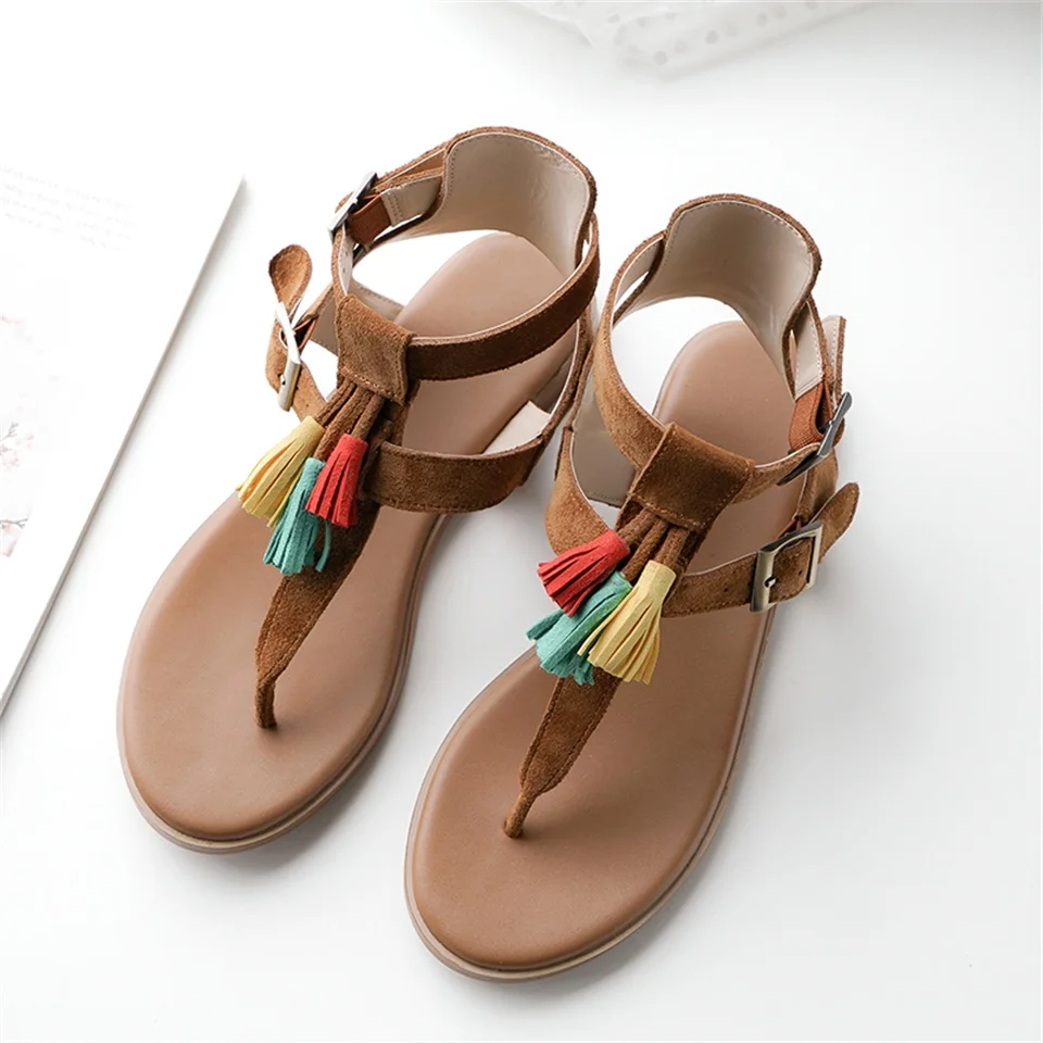 

Bohemian women's sandals cow suede fabric buckle wheat ears decorative flat comfortable shoes handmade women sandals