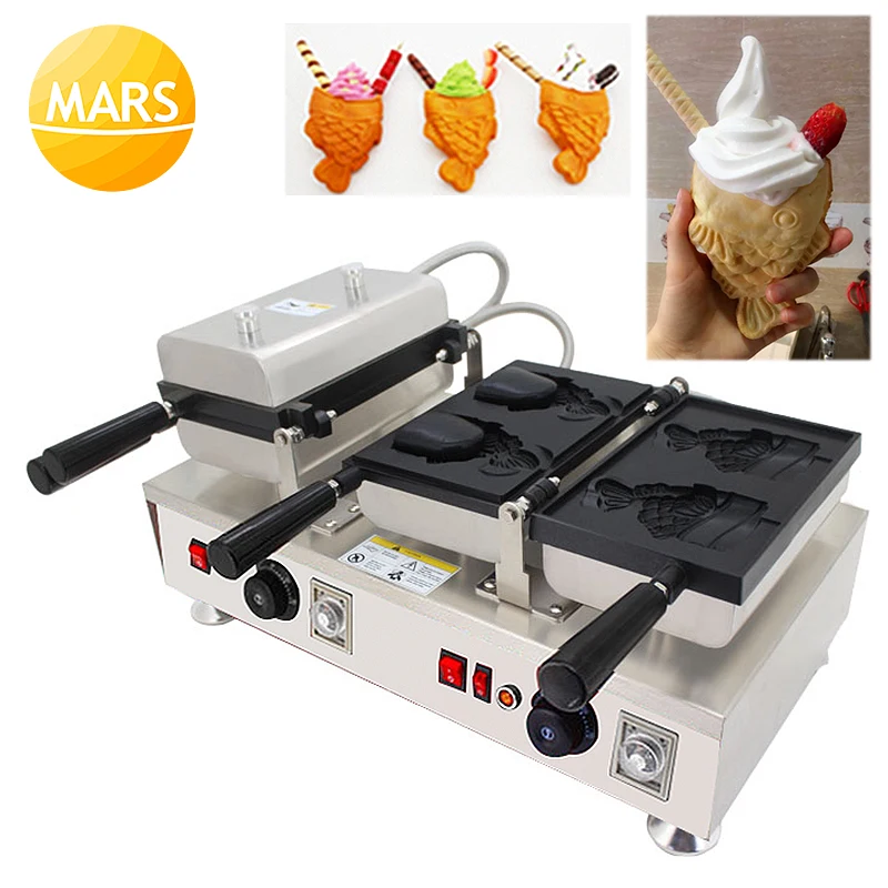 Commercial Taiyaki Fish-Shaped Waffle Maker 110V 220V Open Mouth Taiyaki Ice Cream Machine Fish Cone Baker in Catering Equipment