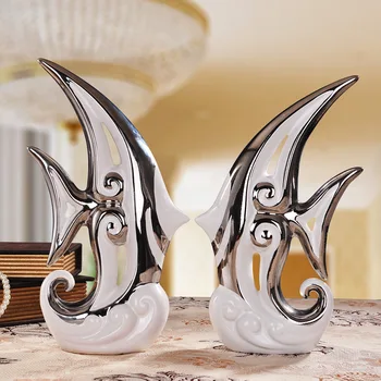 

Ceramic Handicrafts Wholesale Modern Home Furnishings Plating Sea Wave Ceramic Couple Fish wedding gift