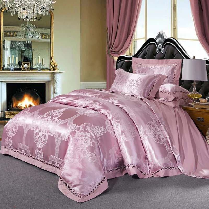 

Pale Mauve European Style Jacquard Bedding Silk Cotton Blend Queen King Size 4pcs Duvet Cover Flat Sheet Pillow Case