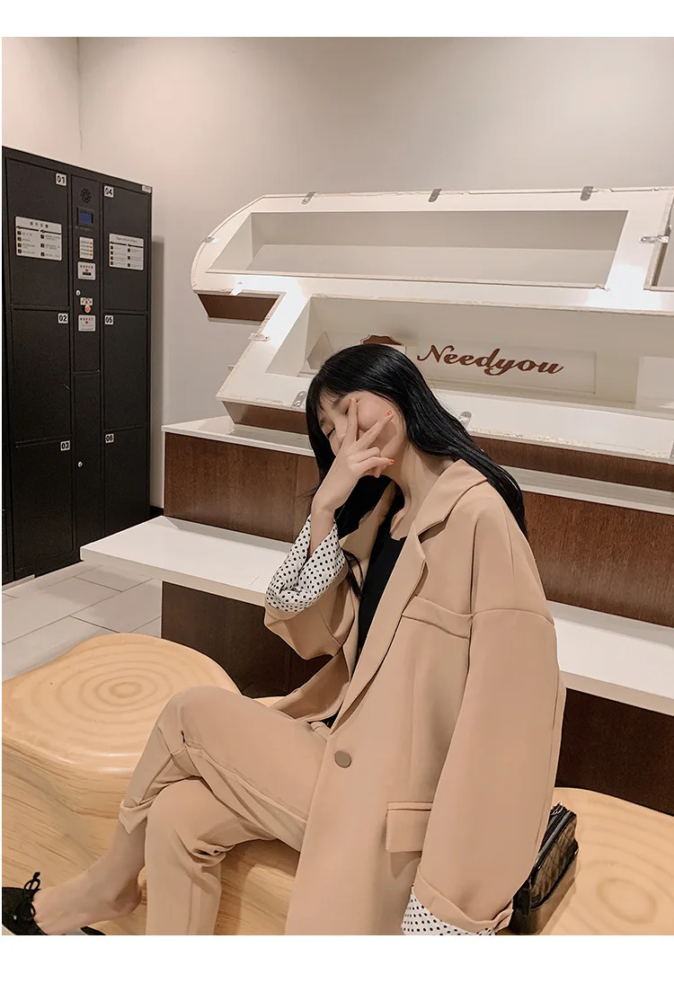 Комплект женский брючный костюм 2019 новый маленький костюм Корейская версия большого размера Свободный Повседневный костюм куртка Тонкий