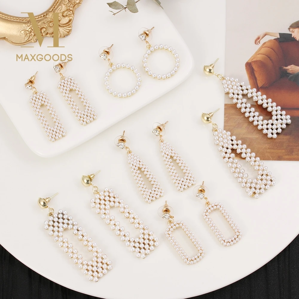 

2019 New Trendy Design Gold Metal Geometry Square Pearl Dangle Drop Earrings Jewelry for Women Girl Party Gift