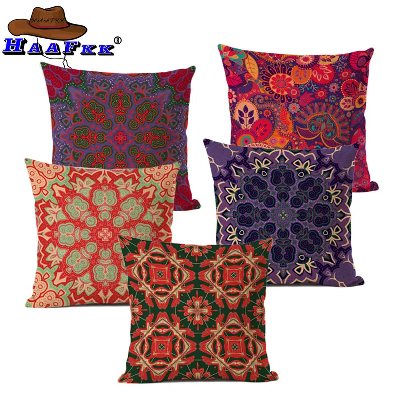 Ethnic Style Colorful Printing Cushion Covers Chinese style Linen Throw