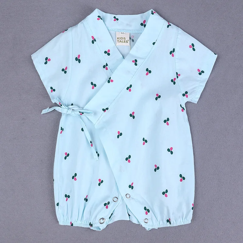 

European and American cotton wholesale summer short-sleeved cute print new born kimono style babysuit/jumpsuit for baby girl