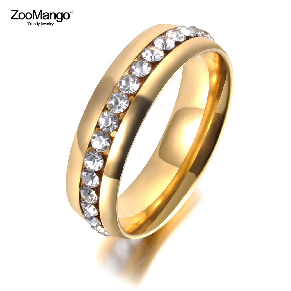 

ZooMango Trendy Tension Setting CZ Crystal Rings Gold Stainless Steel Wedding Ring Jewelry For Women Girls Gift Anillo ZR19036