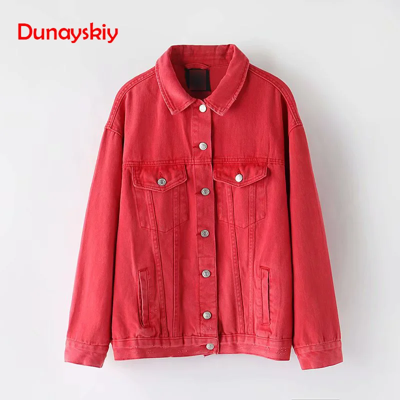 

New Spring Pink Green Black Denim Jacket Women Basic Coat Streetwear Fashion Loose Button Bomber Jeans Jacket Chaqueta Mujer