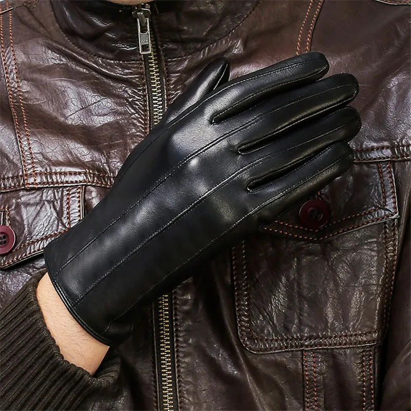 Men's Genuine Leather Gloves New Autumn Winter Keep Warm Driving Sheepskin Gloves Male Fashion Black Mittens XC-109-2