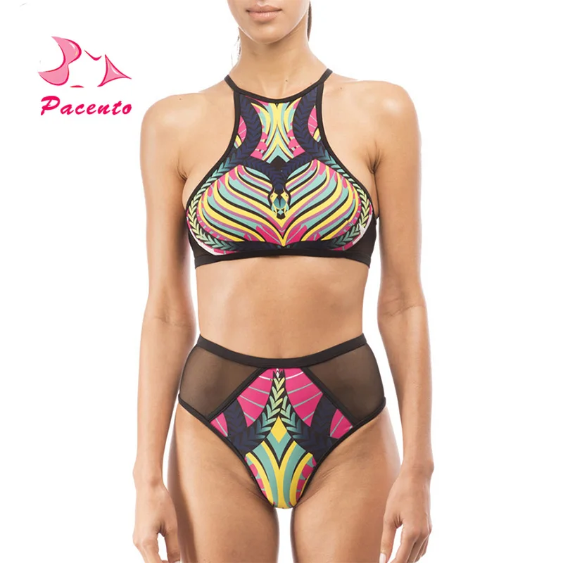 

PACENT 2017 Vintage Retro Swimsuit Women High Neck Swimwear Female High Waist Bikinis Set Zipper Bathing Suit Women Beach Plavky