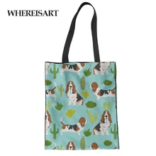 WHEREISART сумка для покупок Складная Basset Hound кактус собака тропический модный дизайн растения Сумки для дам Сумка холщовая