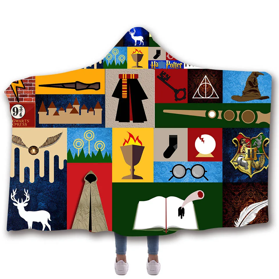 

Harri Cartoon Potter Gryffindor 3D Printed Plush Hooded Blanket Warm Wearable Throw Blankets