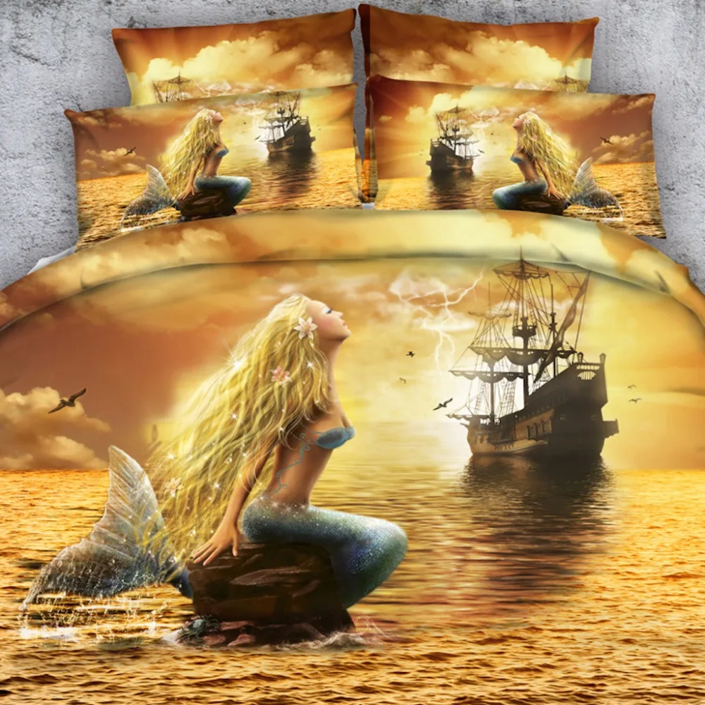 

Royal Linen Source Brand 3 Parts Per Set Beautiful Mermaid and Pirate Ship 3d bed set Girls Bed Linens 3d comforter bedding sets