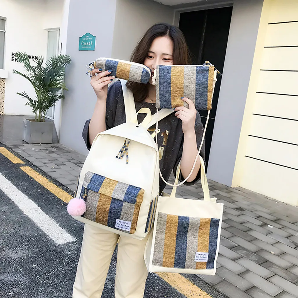 

CONEED 2019 NEW Travel Nylon Zipper Fashion 4PC Leisure Women Plaid Multi-purpose Student Bag Backpack Four-piece Suit APR26