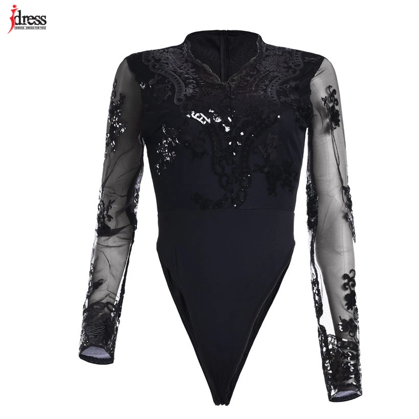 IDress 2018 Sexy Bodysuit Women Long Sleeve Mesh Bodysuit Beachwear Top V Neck Lace Sequined Bodysuit Rompers Women`s Jumpsuit (11)