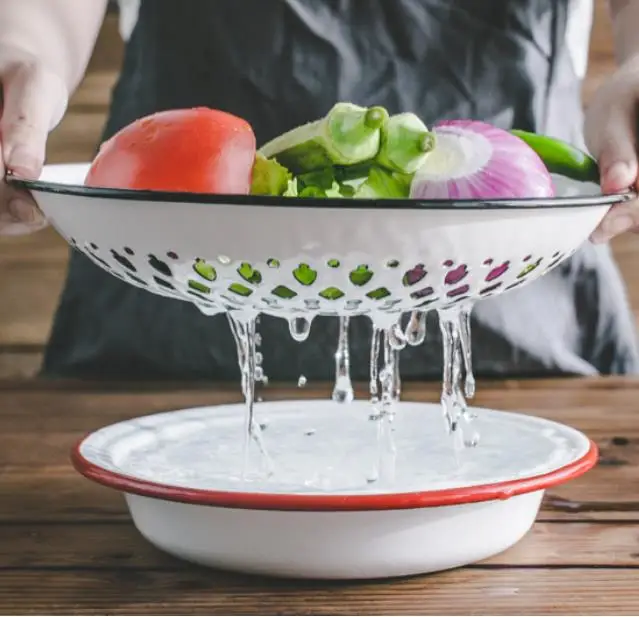 

Europe-style Enamel Fruit tray dinner plate Creative retro enamel fruit and vegetable cleaning drain pan Enamel process making