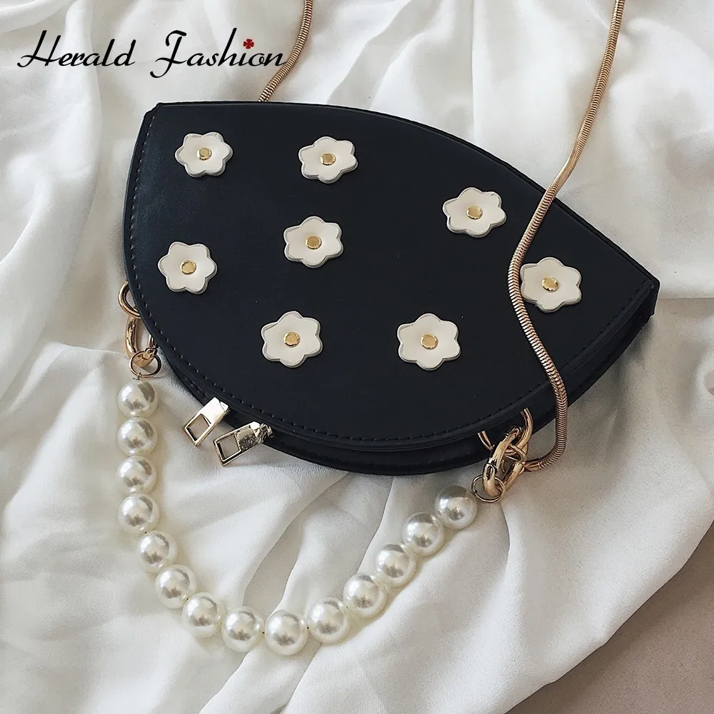 

Herald Fashion Quality Leather Chain Female Shoulder Bag With Flower Women Handbag With Pearls Handle Ladies Messenger Bag Sac