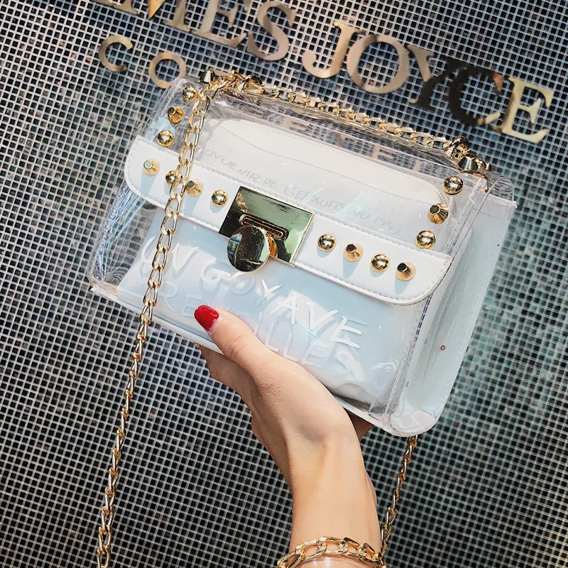 

2019 Summer Fashion New Handbag High quality PVC Transparent Women bag Sweet Printed Letter Square Phone bag Chain Shoulder bag