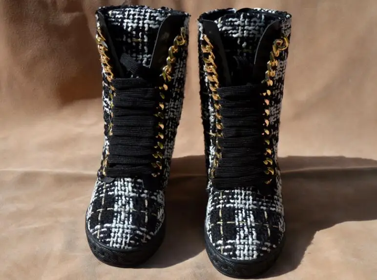 

Hot Fashion Balack/Red/White Cow Suede Mid-Calf Zip Round Toe Height Increasing Shoes Metal Decoration Platform Women's Boots