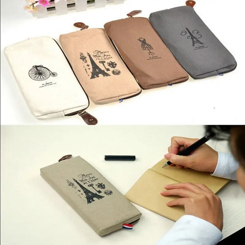 

Womens Girls Retro Canvas Coin Purse Pencil Case With Different Mental Decorations Change Cards Bag