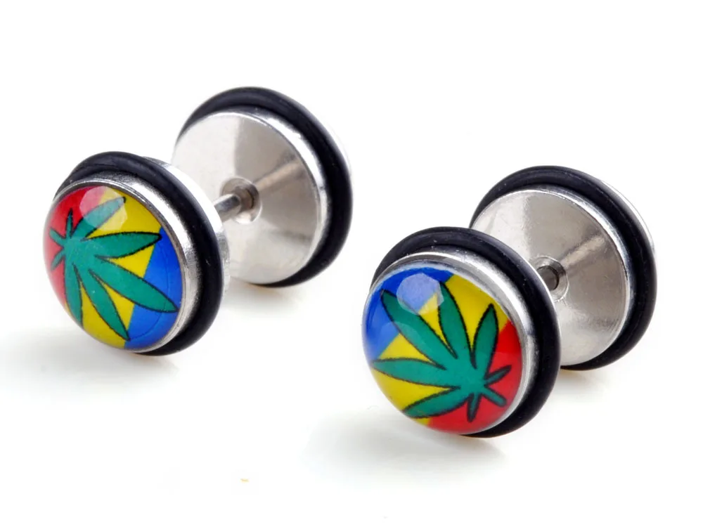 2pcs Leaf on rainbow Stainless Steel Mens Stud Earrings Cheater Fake Ear Plugs Gauges Illusion Tunnel Piercing | Украшения и