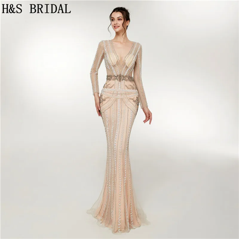 H & S свадебные цвета шампанского с длинным рукавом элегантное вечернее платье с v-образным вырезом прозрачное Бисероплетение Роскошные