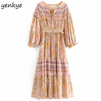 

Holiday Beach Summer Dress Women Vintage Floral Print Boho Dress Lady Lace Up O Neck Lantern Sleeve A-line Long Dress LJPZ8951