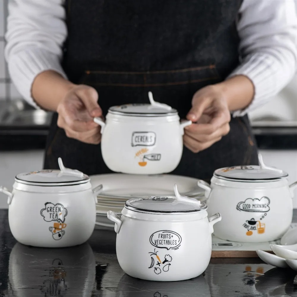 

Cute style ceramic tableware with lid kitchen Stew soup cup home bird's nest dessert slow cooker 450ml