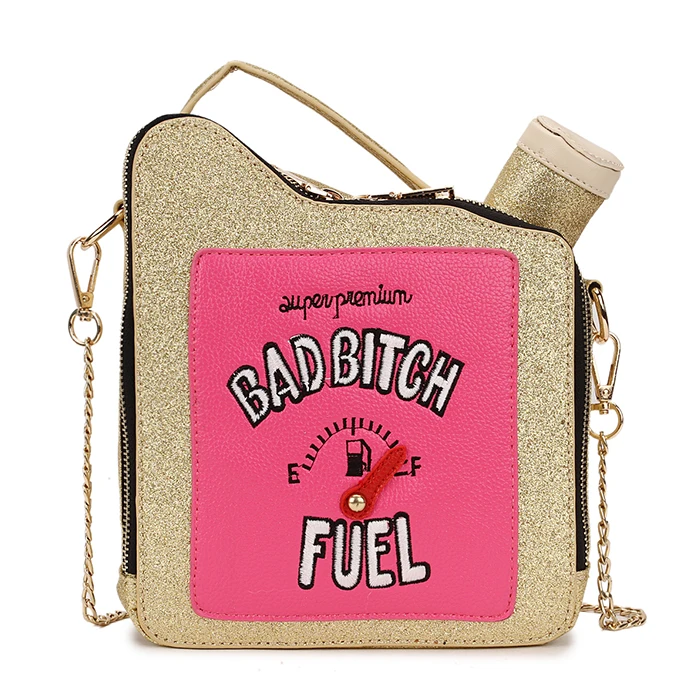 

Fashion Fun Personality Embroidery Letters Gasoline Bottle Shape Chain Purse Handbag Shoulder Bag Ladies Purse Mesenger Bag Flap