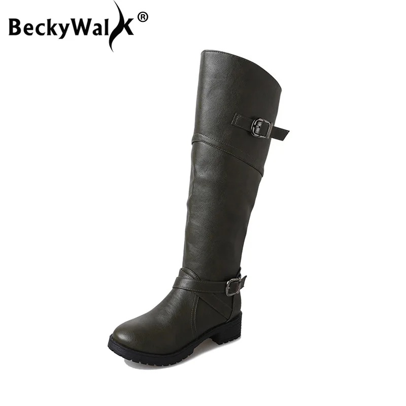 

BeckyWalk 2018 Large Sizes 35-43 Knee High Boots Shoes Woman Buckle Strap Winter Women's Shoes Fashion bota feminina WSH3094