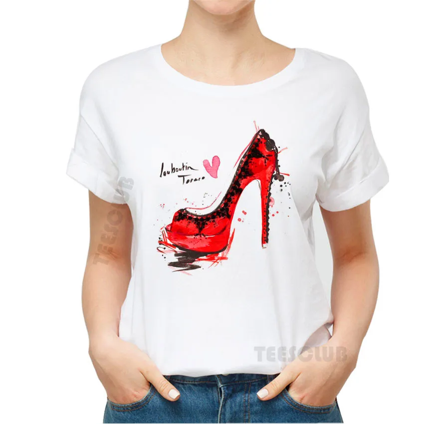 Модная женская футболка; Летние Стильные красивые футболки; красные туфли на высоком каблуке; Женская Повседневная футболка с короткими