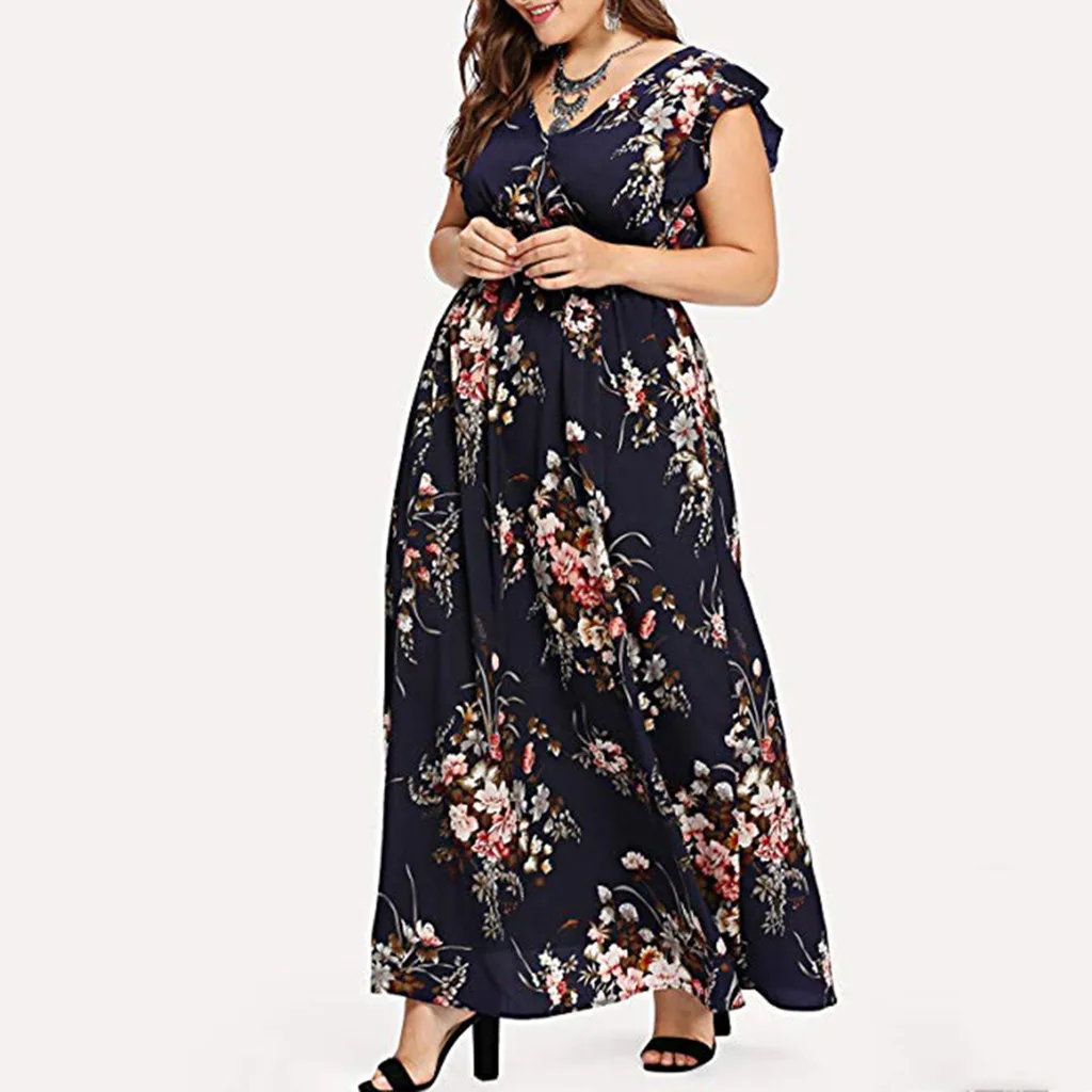 

Hot Selling New 2019 Women Plus Size Summer V Neck Floral Print Boho Sleeveless Party Dress L-5XL Plus Size