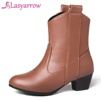 

Lasyarrow Western Style Round Toe Short Boots Women Middle Chunky Heels Slip On Shoes Woman Retro Ankle Riding Boots Size 34-45