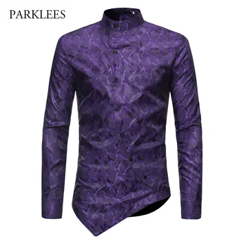 

Mandarin Collar Tuxedo Gentleman Shirt Men Hipster Print Irregular Hem Obique Button Mens Dress Shirts Chinese Style Clothes Men