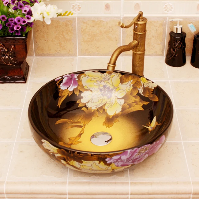 Europe Vintage Style Ceramic Art Basin Sinks Counter Top Wash Basin Bathroom Vessel Sinks vanities ceramic wash bowls peony (3)